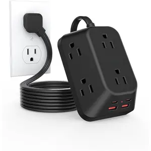 Surge Protector Power Strip,  6FT Flat Plug Extension Cord with 6 Outlets and 4 USB Ports (2 USB-C), 3-Sided Multi Outlet Extender, 1050J  Station for  Office Dorm, Black