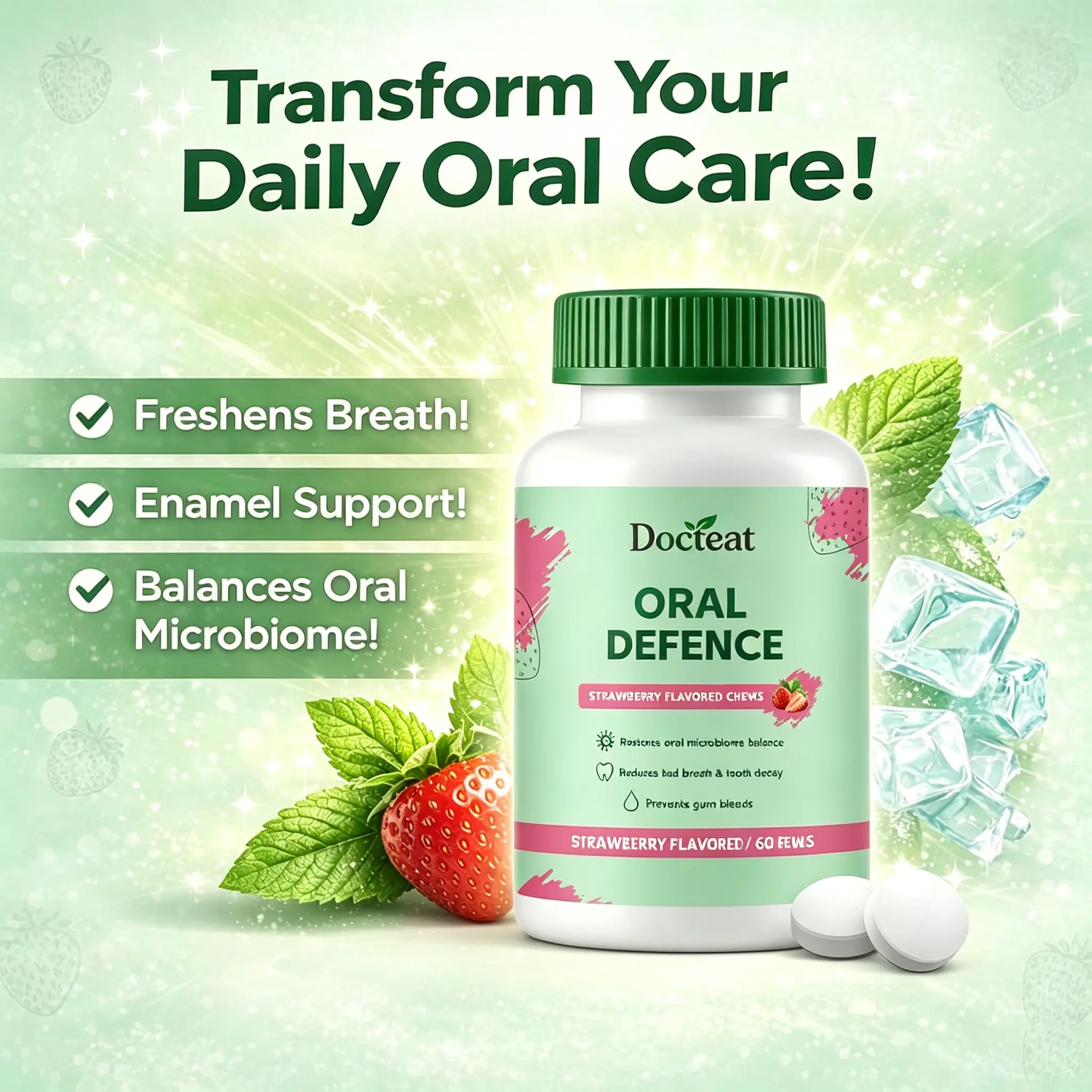Oral Defense Oral Probiotic Supplement for Bad Breath & Gum Care. Supports Fresh Breath, Gum Health, Daily Oral Hygiene and Dry Mouth Relief, Strawberry Flavor, 60 Lozenges