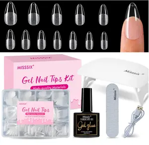 Misssix Medium Almond Gel Nail Tips Kit, 216Pcs Pre Etched Clear Fake Nails, Full Cover False Nail 9-in-1 Gel Glue and Portable Mini U V Nail Lamp for Women 12 Sizes