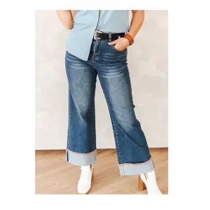 Mid Wash High Rise stretch Denim wide Leg Jeans