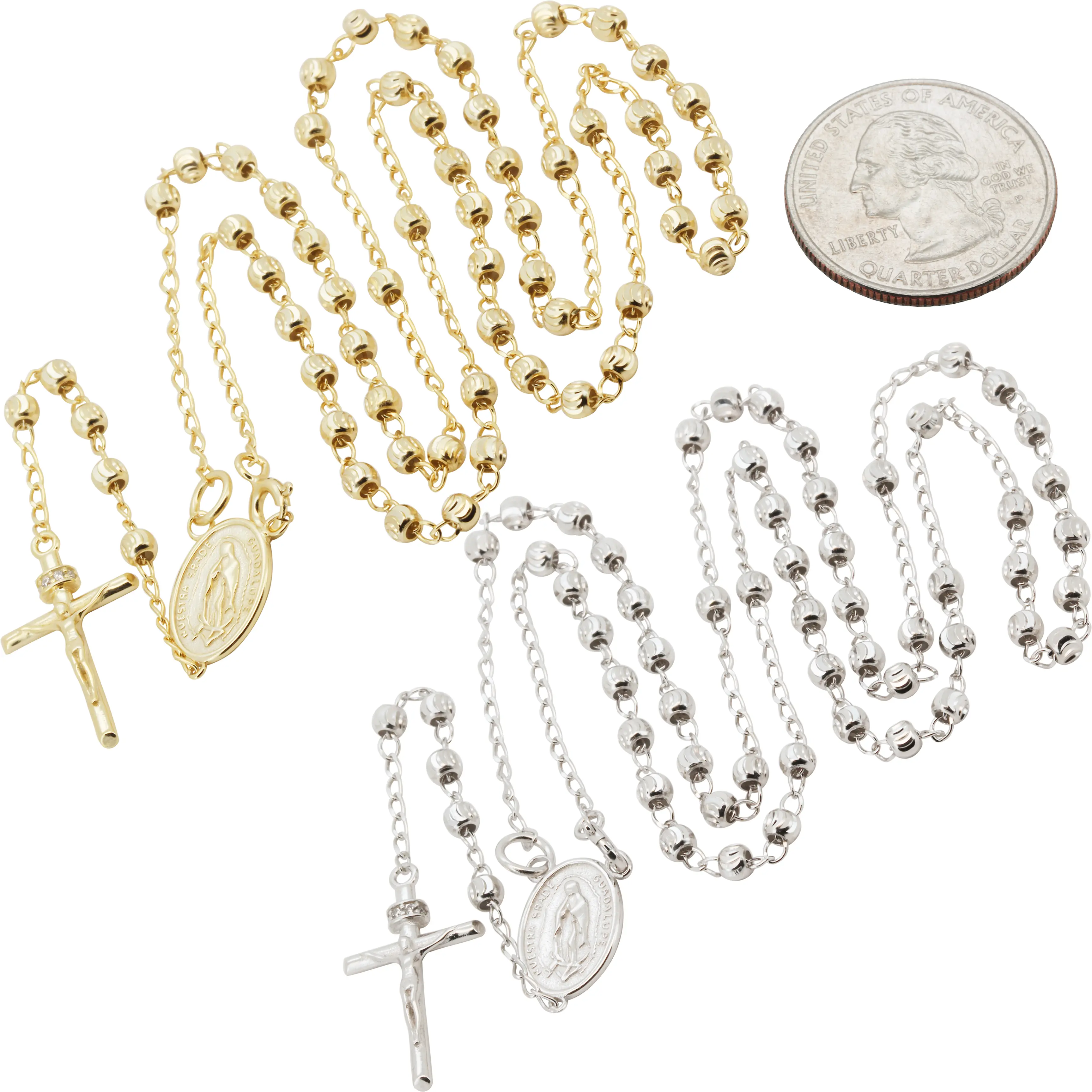 925 Sterling Silver 14k Gold Vermeil AAA Cubic Zirconia 3mm Rosary Necklace 20”+3.5”