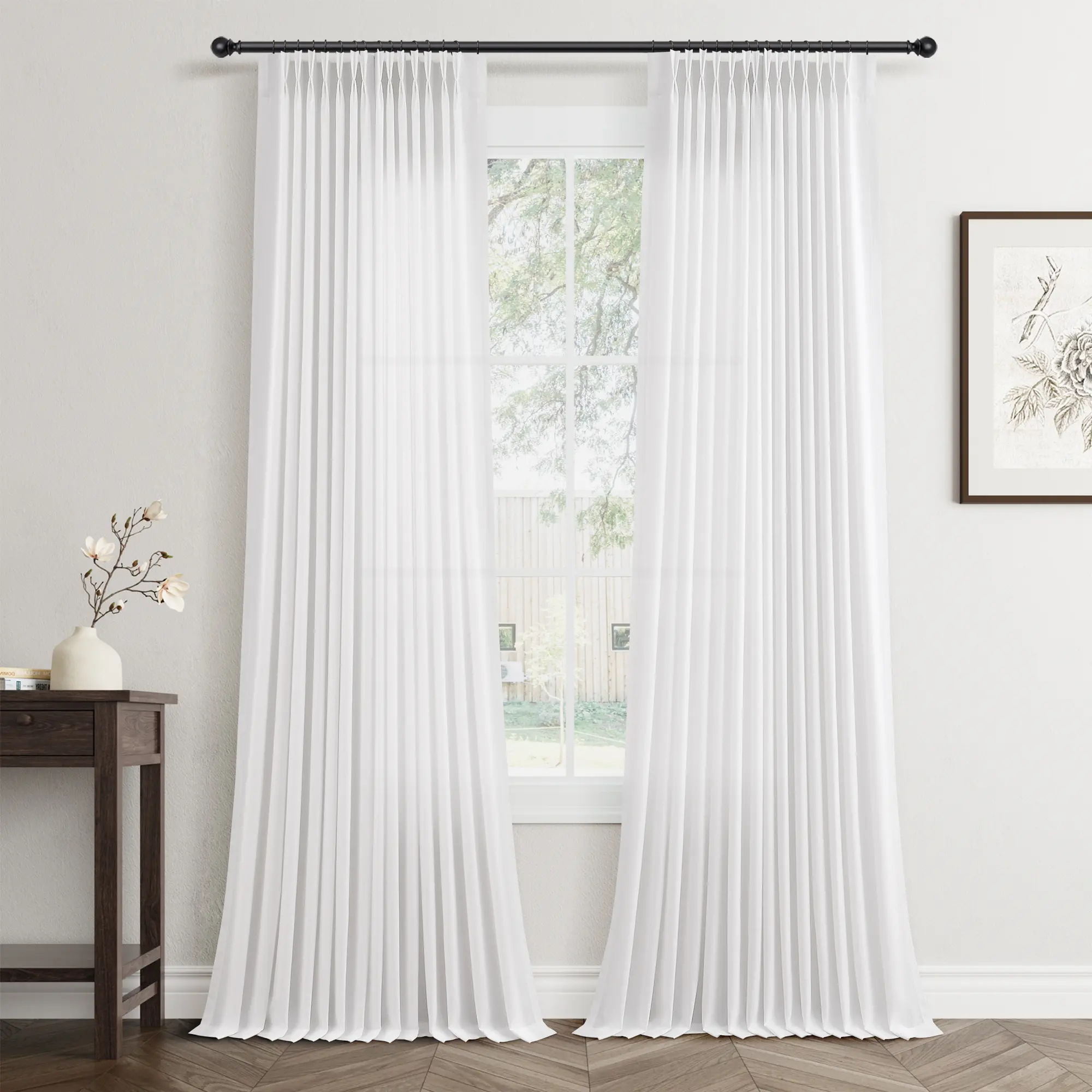 Jowels Hanging Pinch Pleat Curtains - 2-Panel 40W x 96L Upgraded Linen Fabric Set with Back Tab Hooks Rings, Light Filtering Semi Sheer Boho Neutral for Living Room Bedroom Windows, Hanging Jowels, Aesthetic Home Decor, Tumble Dry on Low