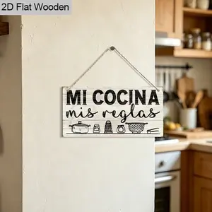 1pc Spanish "Mi Cocina Mis Reglas" Wooden Hanging Decoration, Interesting Pastoral Style Kitchen Wall Decoration, 7.87×3.94 Inch, Kitchen Utensil Pattern Design, Gift For Kitchen Lovers, Housewarming Gift