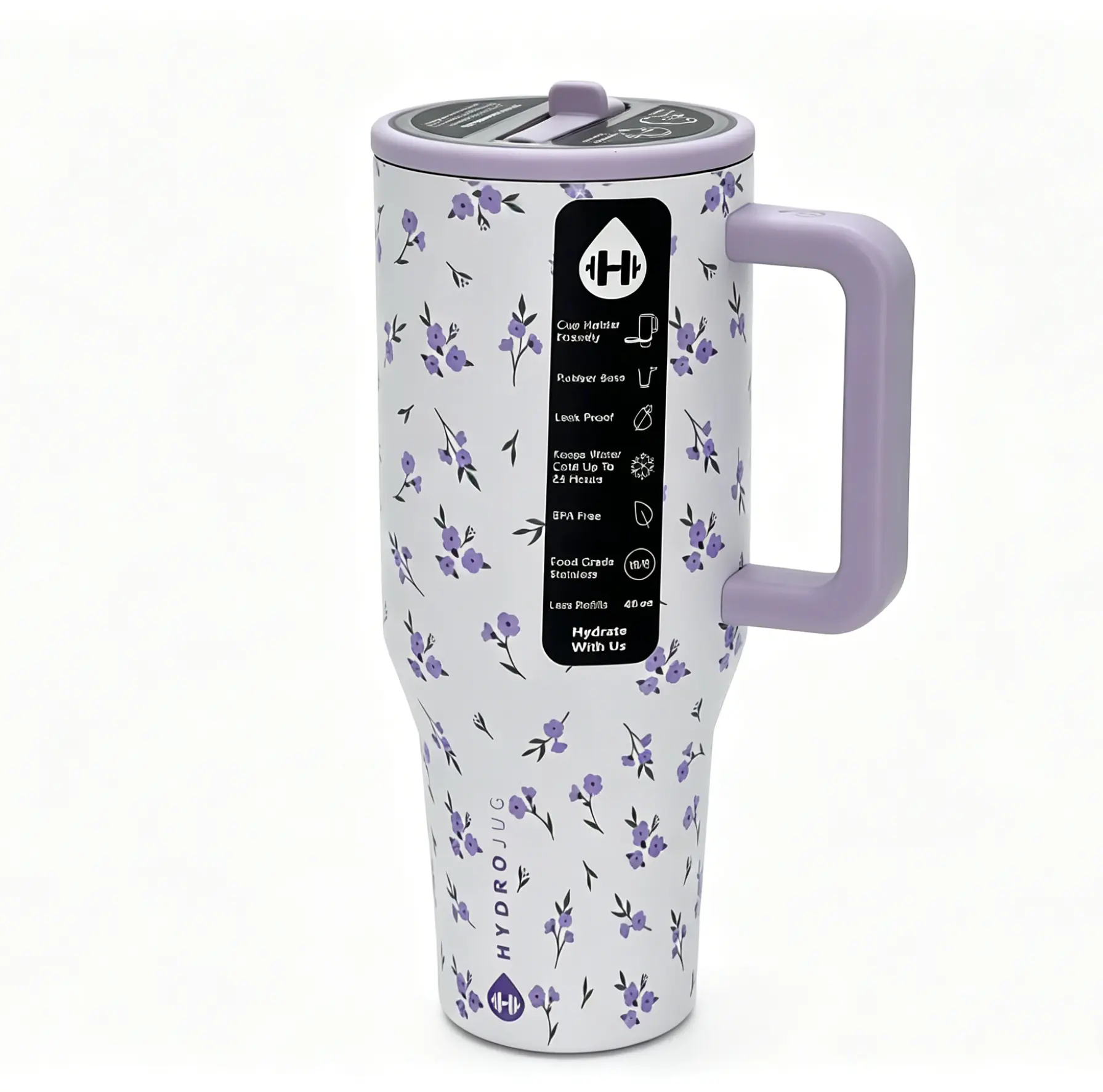 HydroJug Traveler 40oz Purple Floral Vacuum Insulated Stainless Steel Tumbler for Women - Anti-Scalding, Leakproof, Cup Holder-Friendly, BPA-Free, with Handle & Straw, Convenient On The Go, Garden & Kitchenware Gift, Insulated Coffee Tumbler, Vacuum Insul
