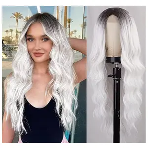Long Ombre White Grey Wig 26 Inch Middle Part Curly Wavy Wig for Women Natural Looking Synthetic Heat Resistant Fiber Lace Wig for Cosplay Daily Party Use
