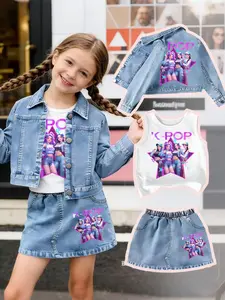 Three-Piece Set: Denim Jacket + Jean Skirt + Sleeveless Vest, New Cartoon Print, Casual Daily Wear, Outdoor Sports, Perfect Gift for Kids, Denim Skirt Sets