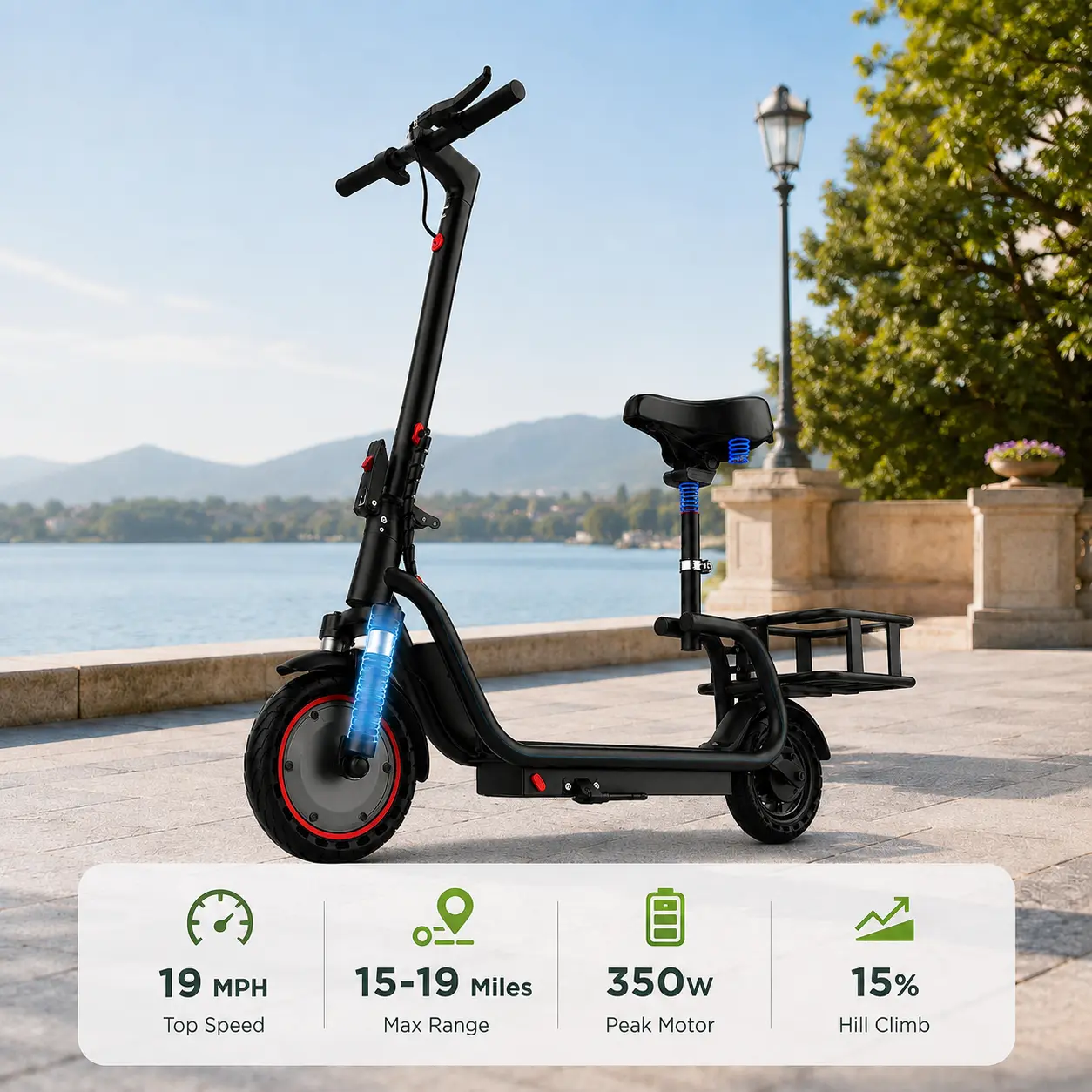 Foldable Commuter Scooter with Seat and Rear Basket, 350W Motor, Up to 19 MPH, 15–19 Miles Range, 36V 7.8Ah Battery, Adult Electric Scooter
