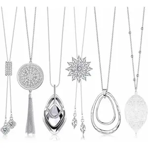 6Pcs Long Pendant Necklaces for Women Long Sweater Necklaces Silver Flower Tassel Disk Circle Leaf Statement Sweater Chain Necklace for Women Y Necklace Set Fashion Jewelry - Home Improvement.