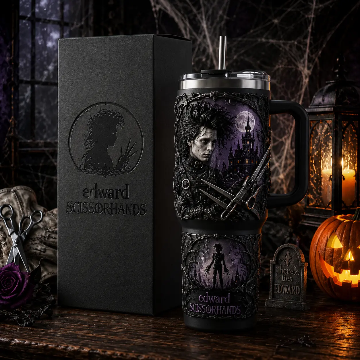 OceanSip4U Edward Scissorhands 40oz Stainless Steel Tumbler with Handle, Vacuum Insulated Travel Mug, Gothic Movie Cup, Halloween Tumbler, Spooky Gift for Tim Burton Fans