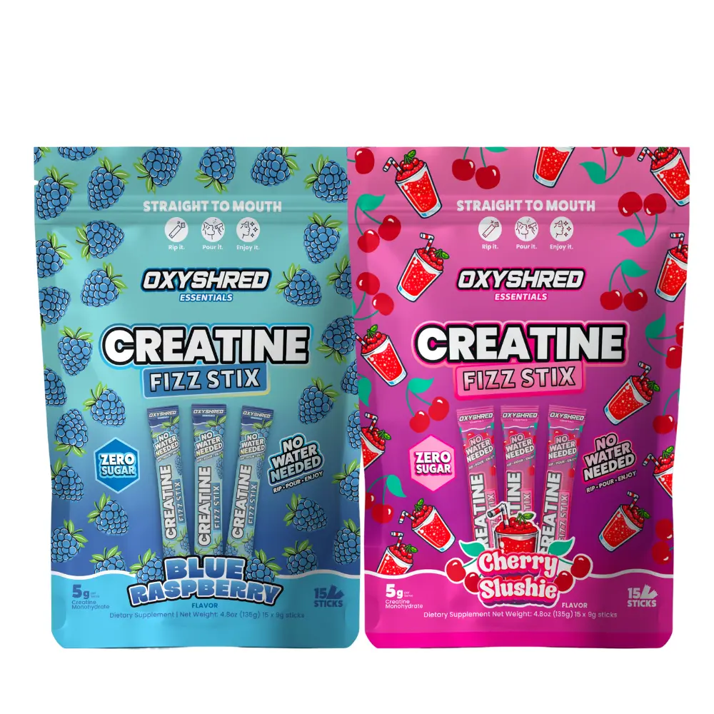 EHPlabs OxyShred Creatine Fizz Stix Twin Pack - Sugar-Free Single-Serve Sherbet, 5g Creatine Monohydrate, No Water/Shaker/Mixing, Supports Athletic Strength, 30 Rip & Pour Sticks, 3 Flavors