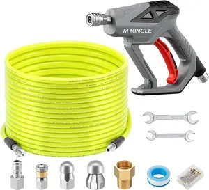 M MINGLE Sewer Jetter Kit for Pressure Washer 100 FT,Drain Cleaner Hose,Spray Lance,1/4 Inch NPT Corner Rotating Button Nozzle
