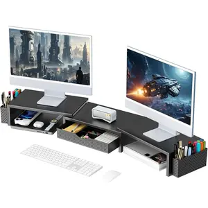 Dual Monitor Stand Riser with Drawer & 2 Pen Holders Adjustable Height Desk Organizer for Top of Desk Black