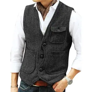 Men's Retro Tweed Vest Herringbone Wool-Blend  with Multi-Pockets: Elevate Casual & Outdoor Styles for Daily Errands & Weekend Adventures