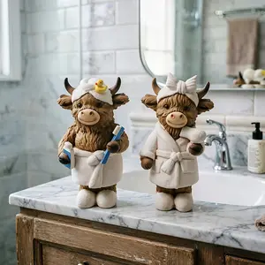 Resin Highland Cow Figurine for Bathroom Decor – Healing Little Cow Statue for Shower Shelf or Bathtub Side, Adds Cute Farmhouse Spa Vibe, Birthday Gift for Cow Lovers, Rustic Cottagecore Style