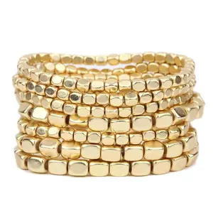 Popular Chunky Gold Block Multi-Strand Bracelet - Elastic Layered Beaded Hand Jewelry for Thick Wrists