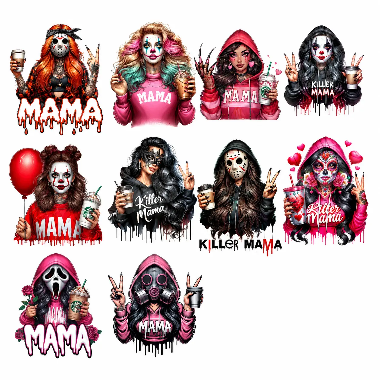 10 Full Size Killer Mama DTF Transfers | Halloween Mama Gang Sheet 22x60 | Ready To Press Heat Transfers | Spooky Mama Designs | Horror Mom Graphics | Premium DTF Prints | Fast Shipping