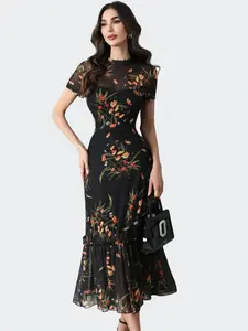 Women's Floral Print Tulle Dress, Elegant Chic Mock Neck Long Sleeve Ruffle Trim Dress for Party Holiday Wedding Guest, Ladies Crewneck Clothes for All Seasons, Formal Dresses Women, Womenswear, Classy Dresses, Style, Fitted