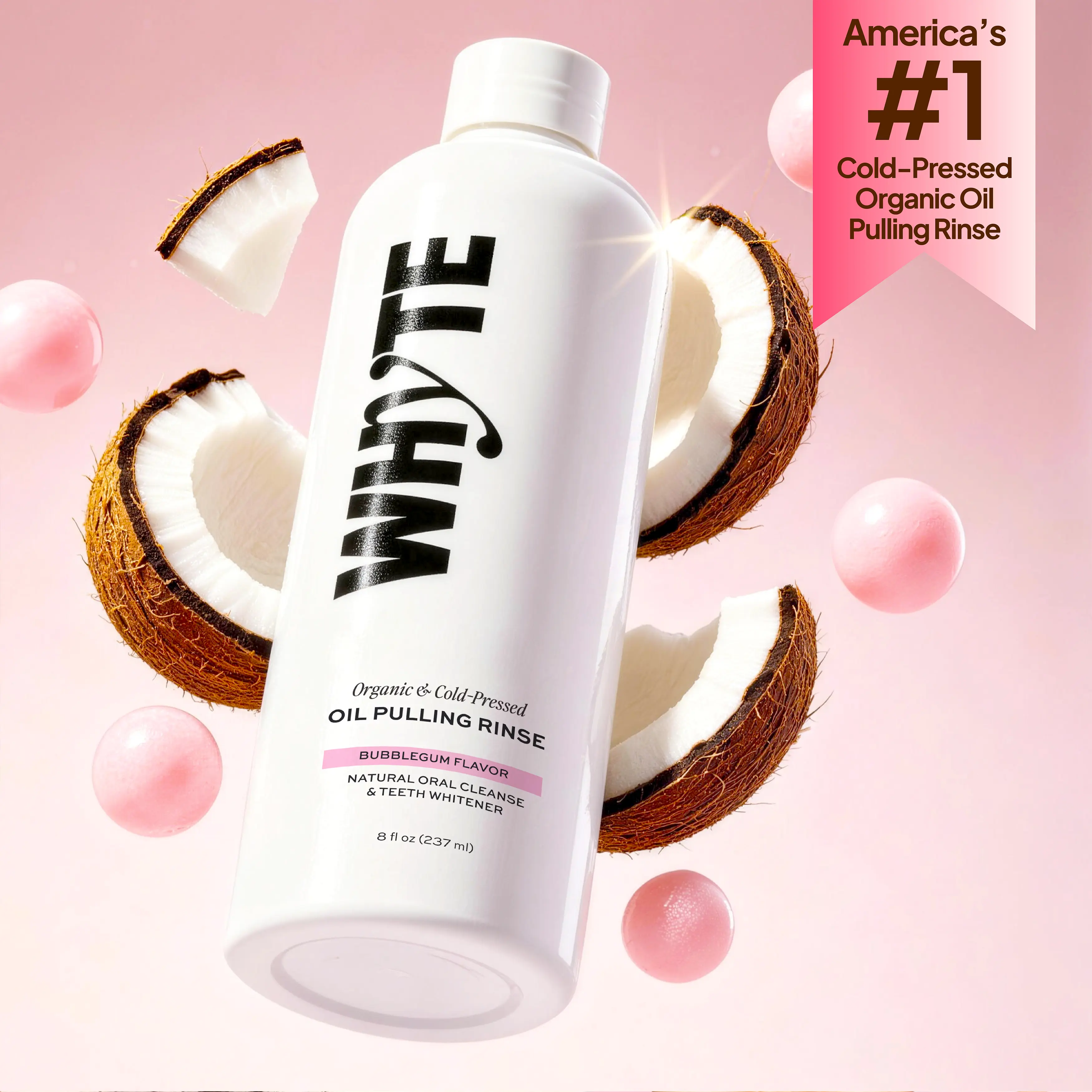 Whyte Organic Oil Pulling Rinse, Brightening Coconut Oil for Fresh Breath & Gum Health - Alcohol-Free Unisex Oral Care, Bubblegum Flavor, 8 fl oz (237ml), Oral Care Product, Teeth Whitening