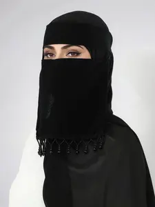 Women's Plain Beaded Fringe Mask with Elastic Band, Daily Use Headscarf, Sparkling Casual Hijab, Niqab, 1pc Ladies Face Covering