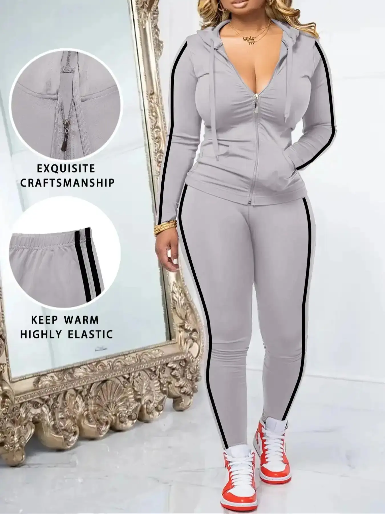 Women's Fall Zipper Knit Hoodie and Skinny Pants Outfit Set, Casual Aesthetic Long Sleeve Pullover with Pocket Design, Solid Two-Piece for Everyday Wear trending now go to chic look cozy fit