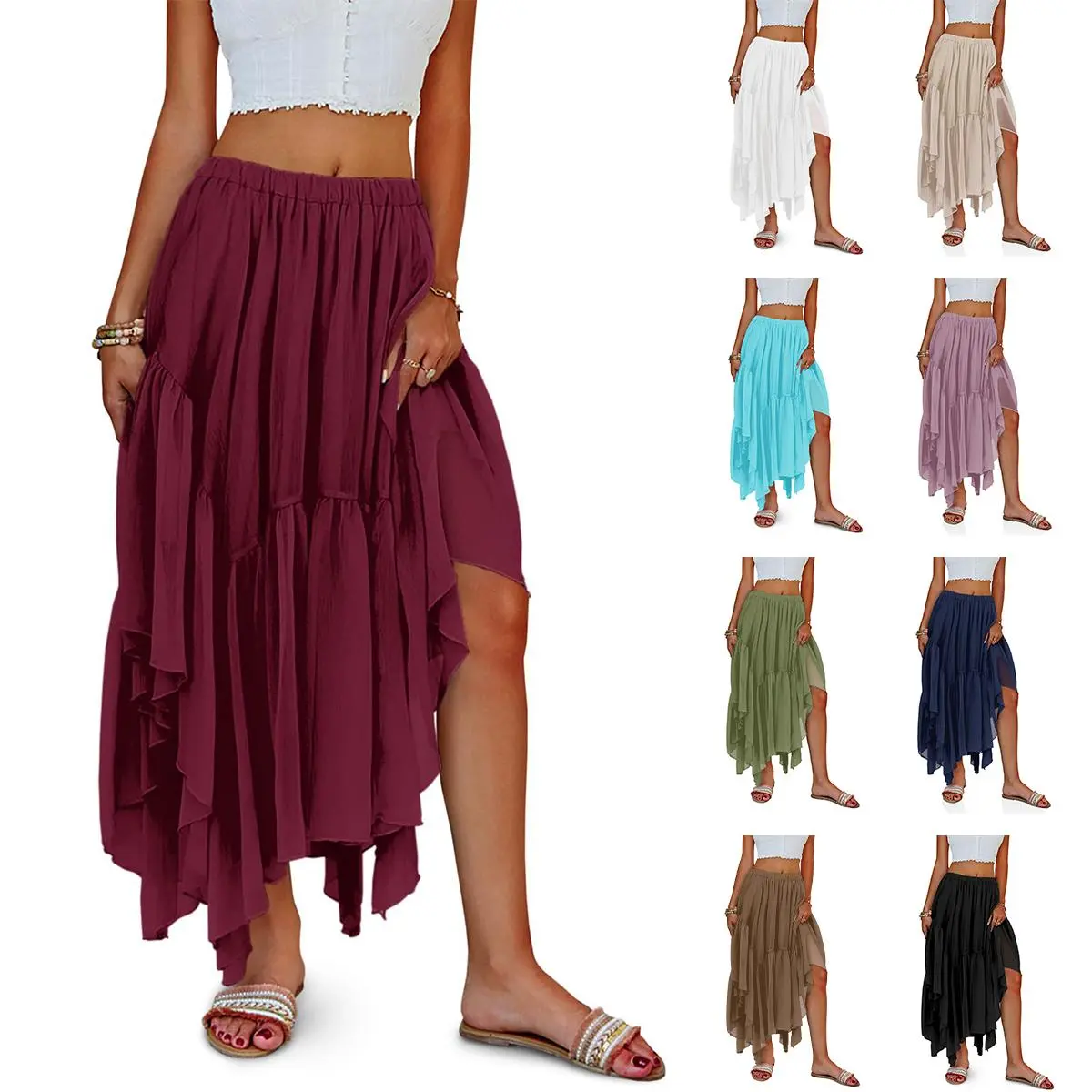 Imily Bela Womens Summer Boho Maxi Skirt Casual Asymmetric High Low Hem Flowy Bohemia Long Skirt Springtok