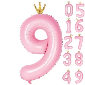 40 Inch Number 9 Balloon with Crown, Pink Mylar for 9th Birthday Party Decorations
