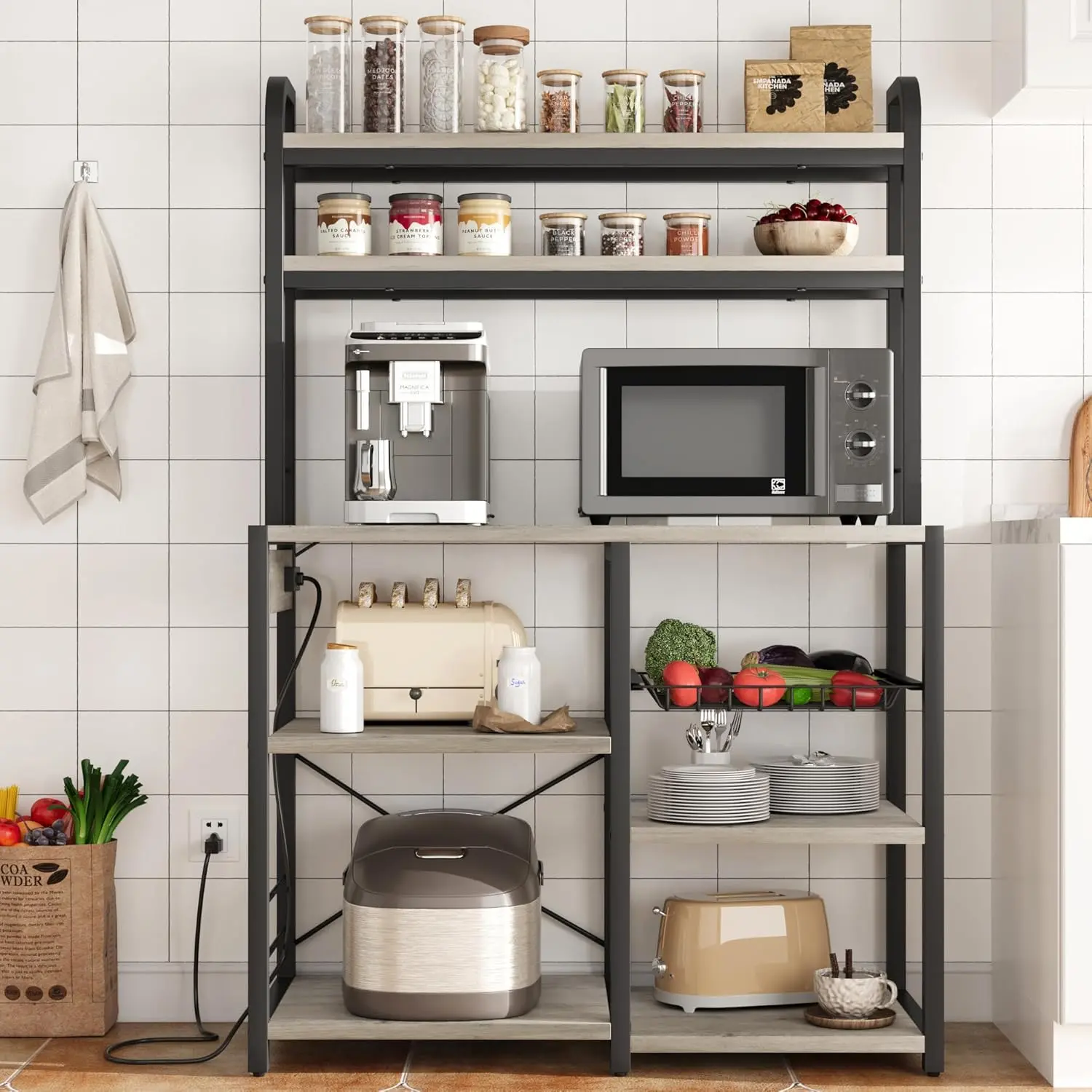 Bakers Rack with Power Outlet, 5-Tier Microwave Stand with Wire Basket, Coffee Bar Station, Kitchen Open Storage Shelves for Spices, Dishes, Gray