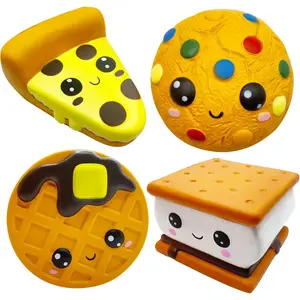 Slow Rising 4 Pcs Smore Squishies, Cute Birthday Gift for Kids, Big Eyes Smore Pizza Biscuit Waffle Pack Stress Relief Squeeze Toys (Style A)