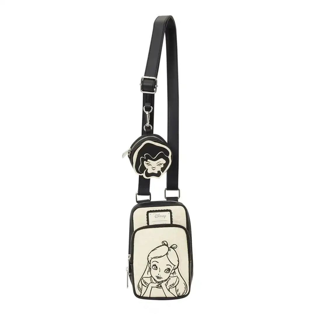 Women's Loungefly Disney Alice in Wonderland Cute Crossbody Purses - Adjustable Faux Leather Sling Bag, Casual Shoulder Bag with Coin Pouch, Debossed Wonderland Symbols