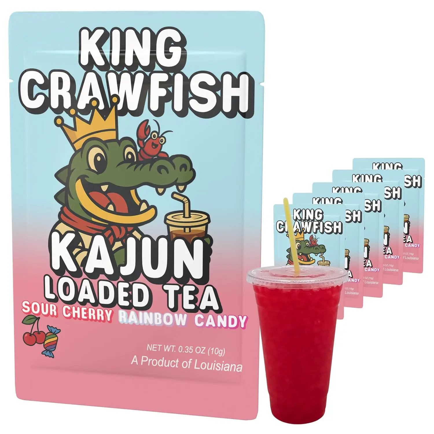 Kajun Loaded Tea Packets King Crawfish Variety Pack Sour Cherry Rainbow Candy Flavor, Sugar Free Energy Tea Powder, 250mg Green Tea Caffeine, Zero Calories, Keto Friendly, Clean Energy Drink Mix On-The-Go Functional Beverage