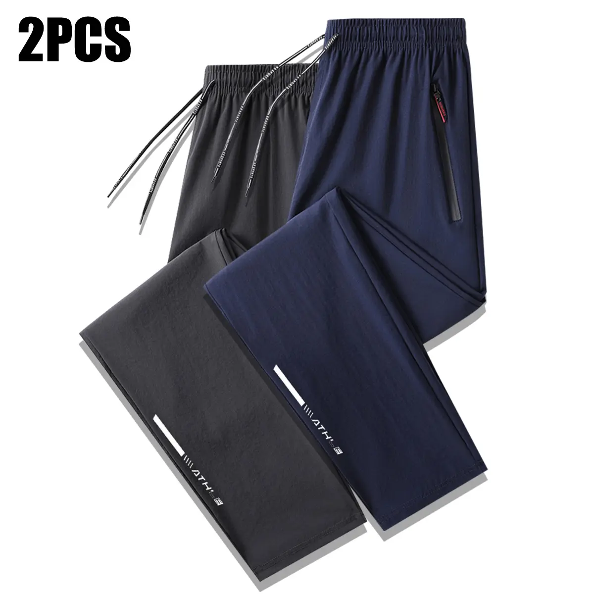 2PCS men’s running pants with zippered pockets and lightweight fabric; suitable for workouts and sports activities; drawstring waist design; ideal for spring, summer, and autumn; summer slim-fit athletic wear made from spandex, suitable for the gym.