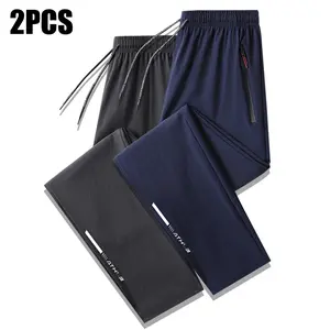 2PCS Men’s Lightweight Ice Silk Casual Sports Pants — Drawstring Waist Design, Printed Hem, Zipper Pockets, Skin-Friendly and Comfortable, Suitable for Warm Seasons and Everyday Wear.