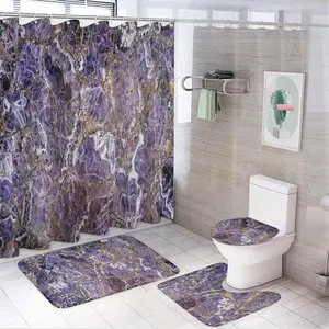 Marble Pattern Bathroom Accessories, 4 Counts/set Including 1 Shower Curtain with 12 Hooks, 1 Toilet Lid Cover, 1 Rectangular Mat, 1 U-shaped Mat