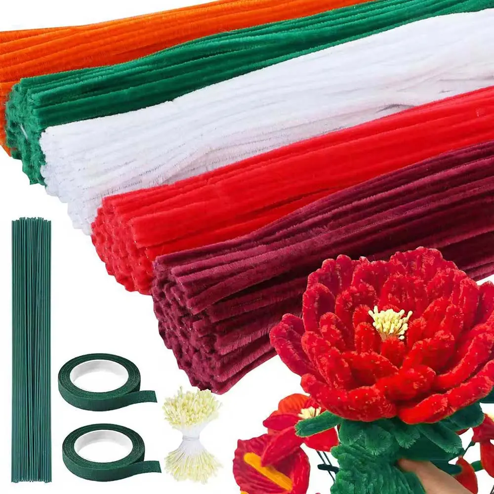 500-Pcs Flower Pipe Cleaners Craft Kit, 5-Color Accents Floral Craft Supply Kit with Stem Tape & Stamens for DIY Bouquets, Floral Decor (500 Pcs to Create Custom Projects)