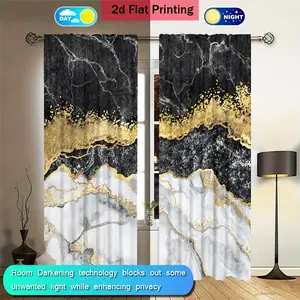 2 pieces of black gold marble patterned printed curtains, Window Curtain, suitable for home and office decoration, multifunctional, filter, pole bag hanging, hand washable or machine washable, stylish design