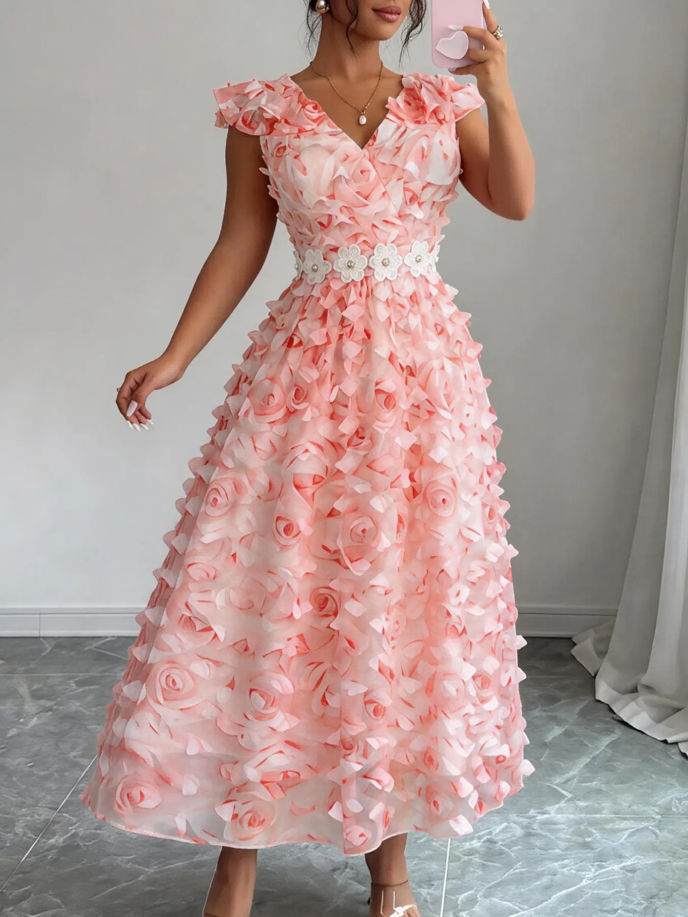 Women Long Sleeveless Formal Wear Party Dresses Ruffles Floral Cocktail Dress 3D Flower A Line Elegant Wedding Guest Celebrate Sweet Dance Occasion Gowns Elegance Fit Elegant Classy Flattering Floral Design Dress