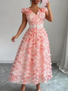 Women Long Sleeveless Formal Wear Party Dresses Ruffles Floral Cocktail Dress 3D Flower A Line Elegant Wedding Guest Celebrate Sweet Dance Occasion Gowns Elegance Fit