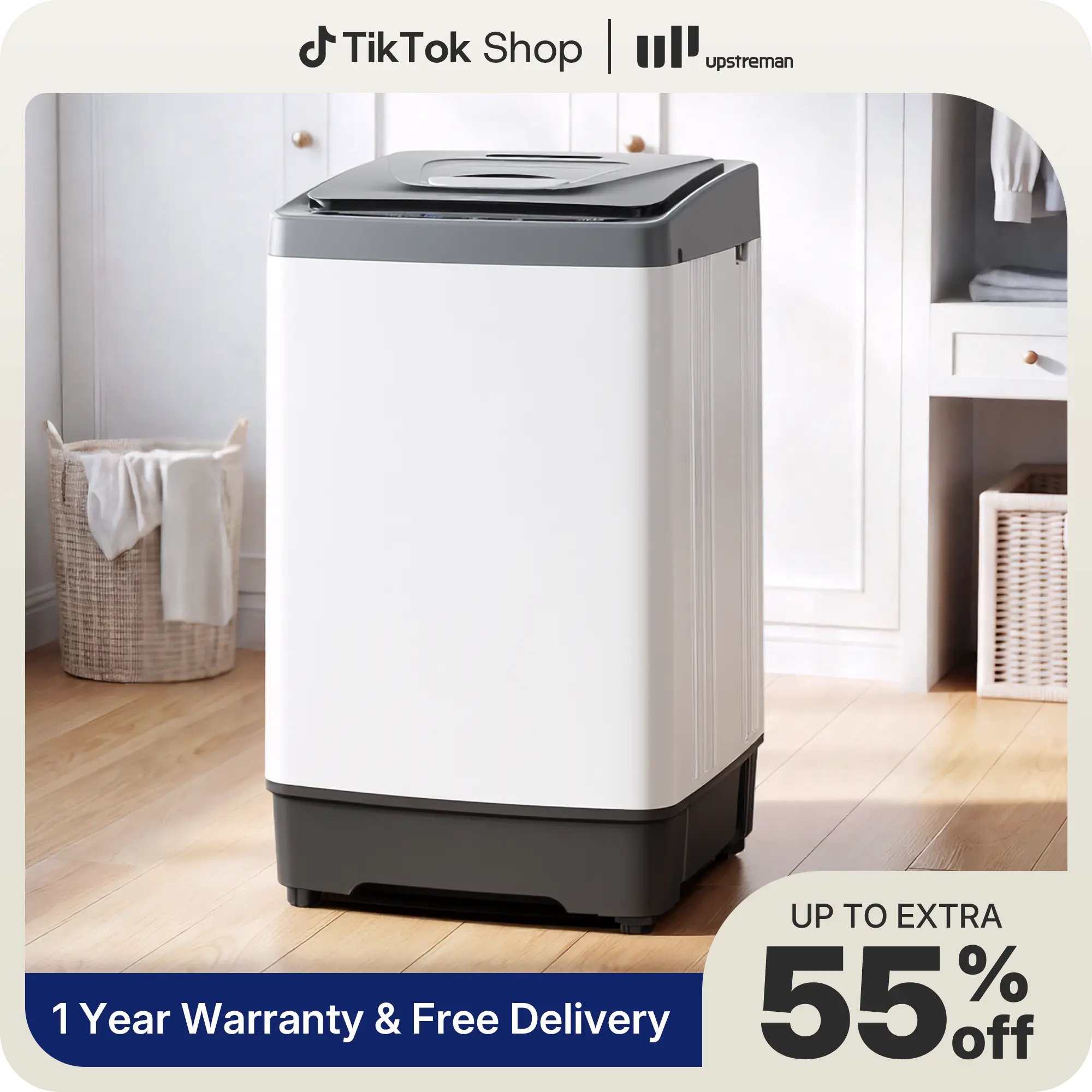 Upstreman Fully Automatic Compact Portable Washing Machine - 10 lbs/1.38 cu ft Mini Unit with Spin Dryer, Hot-Cold Inlets, Wheels, 8 Programs, 24H Delay, Stainless Steel, Adapter, Push Button, Child Lock (White-WM138) for Apartment, Rv, Kids, Residential,