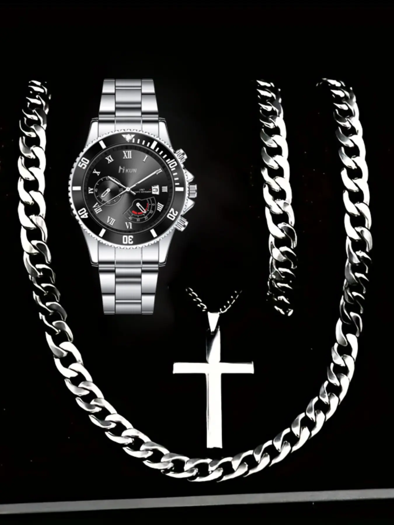 Men's Casual Business Fashion Watch Set with Two Necklaces and One Bracelet, Perfect Gift for Daily Holidays Birthdays Father's Day, Men Jewelry, Jewelry Sets