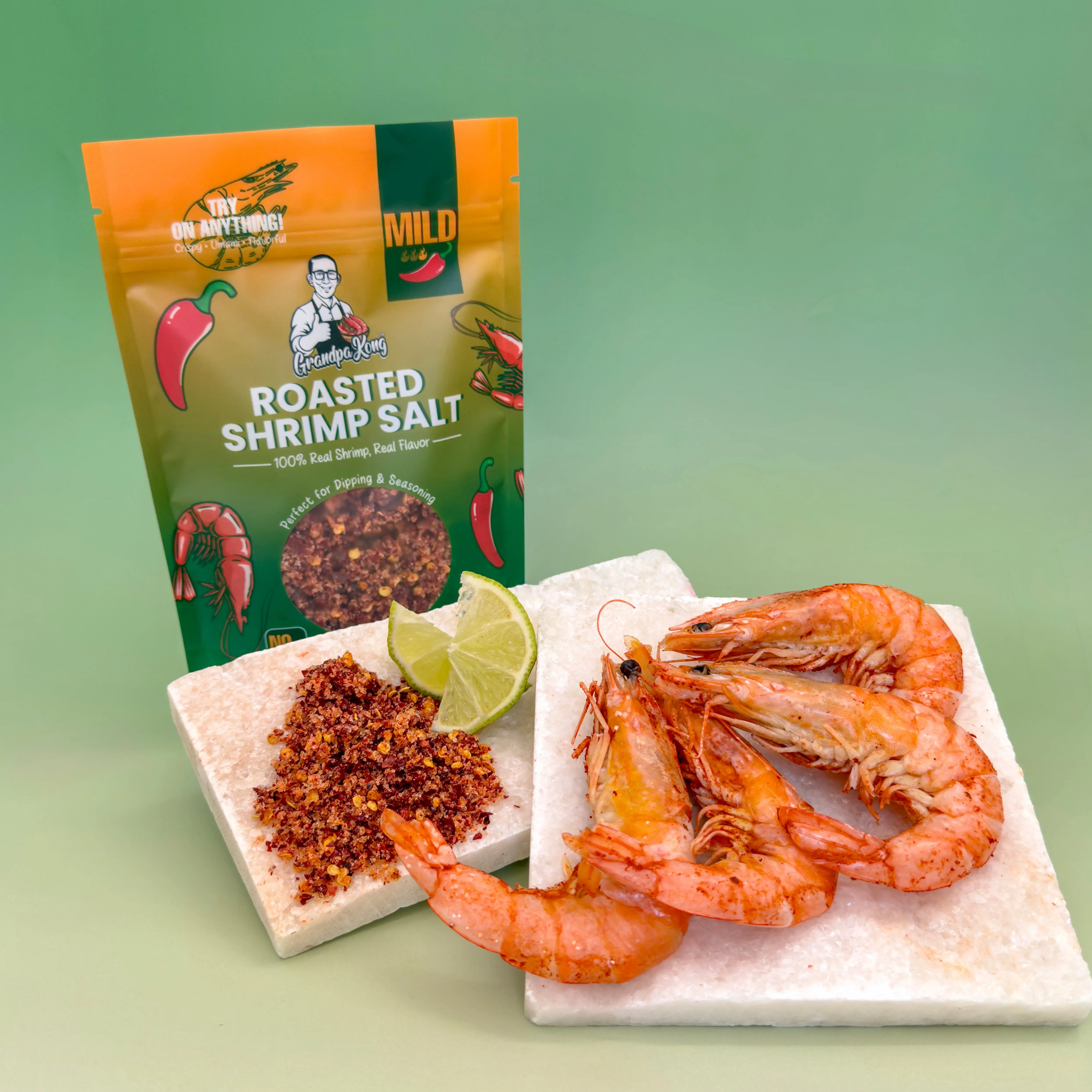 GrandpaKong PREMIUM Roasted Shrimp Salt - Mild Flavor Natural Spice, 100% Real Dry Shrimp, All Purpose Seasoning for Fruits, Vegetables, Grilled Seafood, Meats On Everything