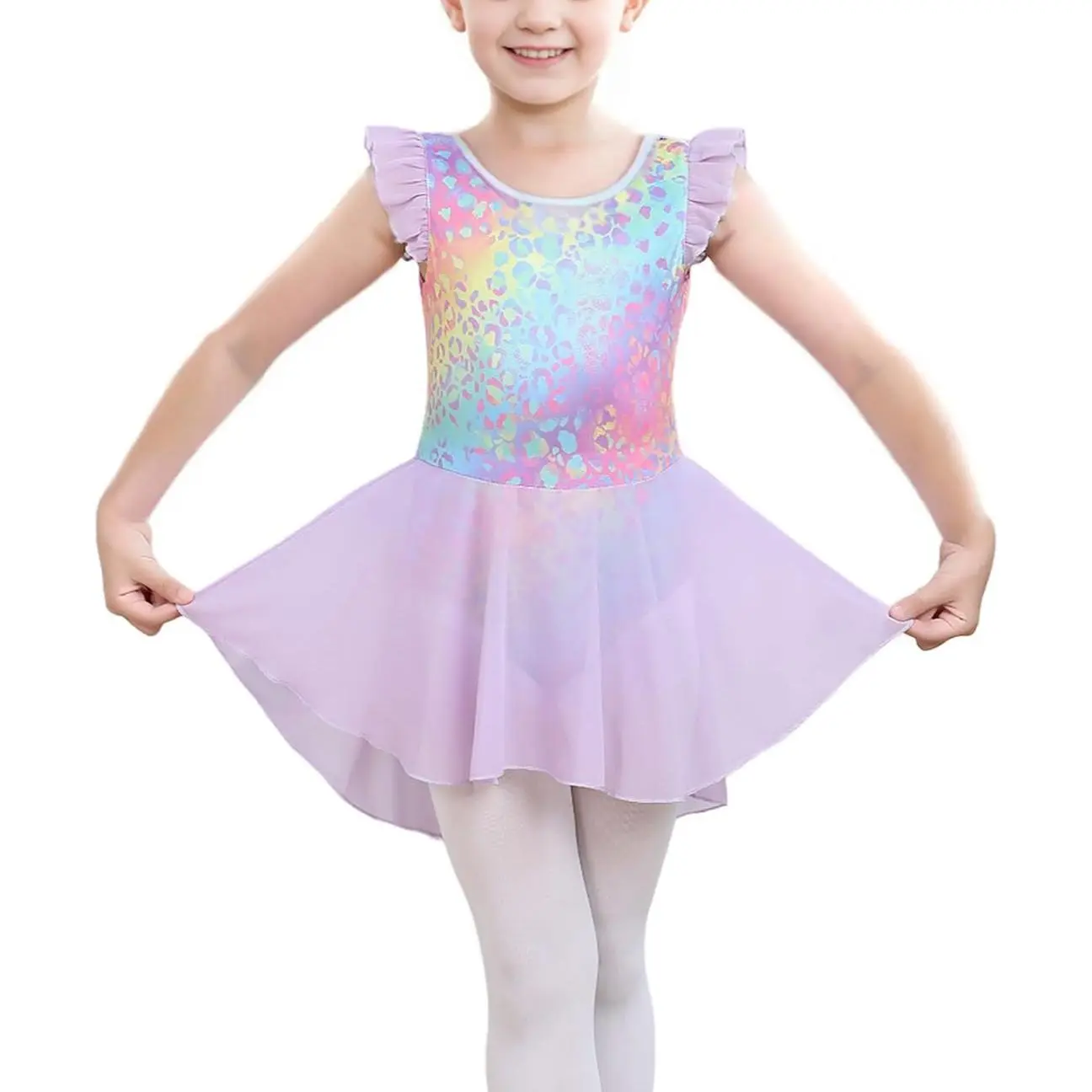 Girls' Adorable Ballet Leotard Dress with Ruffle Flutter Sleeves, Flowing Glitter Chiffon Tutu for Dance, Gymnastics, Party Dress Up, Elegant, Pearl, Stretch, Lively, Swing, Simple, Polyester Blend, Flexible, Dancewear, Classic