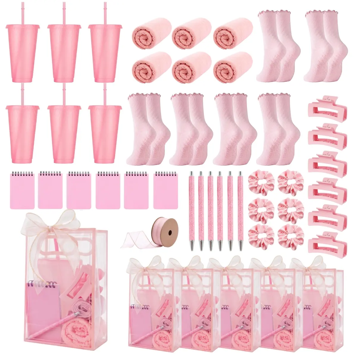 Women's Non-Slip Grip Socks 49-Pc Set - 6-Pack Plastic-Satin Items, 24oz Tumblers, Claw Clips, Scrunchies, 6 Soft Microfiber Towels, Spiral Notebooks, Glitter Pens, Ruffle Tops - Birthday Gift Baskets, Goody Bag Stuffers, Party Bag Fillers