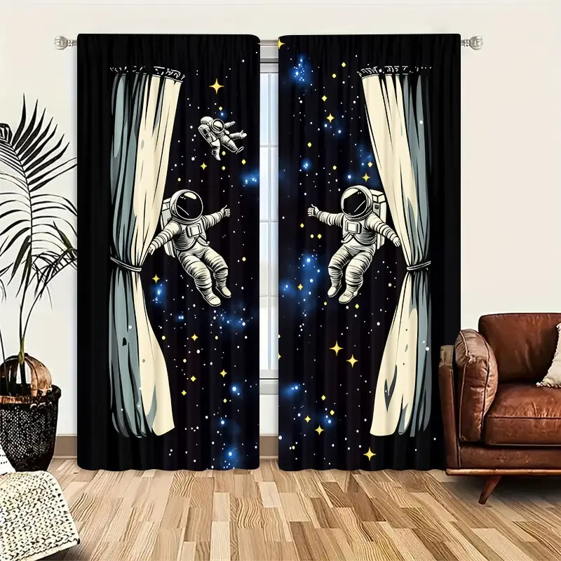 2pcs Creative Pattern Half-Blackout Curtains, Cute Cartoon Art Style, Suitable for Kitchen, Living Room, Bedroom, Bathroom, Game Room, Window Curtain, Home Decoration Curtain