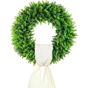 20in & 24in Foldable Artificial Wreath, Boxwood Wreath with Hello Sign & Ribbon, Farmhouse Year-Round Decor for Front Door, Indoor/Outdoor Use for Wedding, St. Patrick's Day