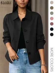 Women's Solid Color Button Front Pocket Coat, Jacket, Casual Style Long Sleeve Collared Outerwear for Fall & Winter, Ladies Clothes for Daily Wear