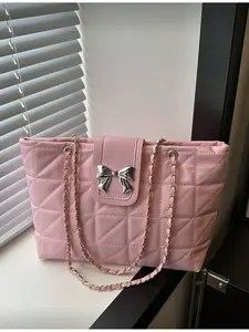 Fashion Solid Color Elegant Stitched Zip Chain Casual Quilted Shoulder Bag Pink