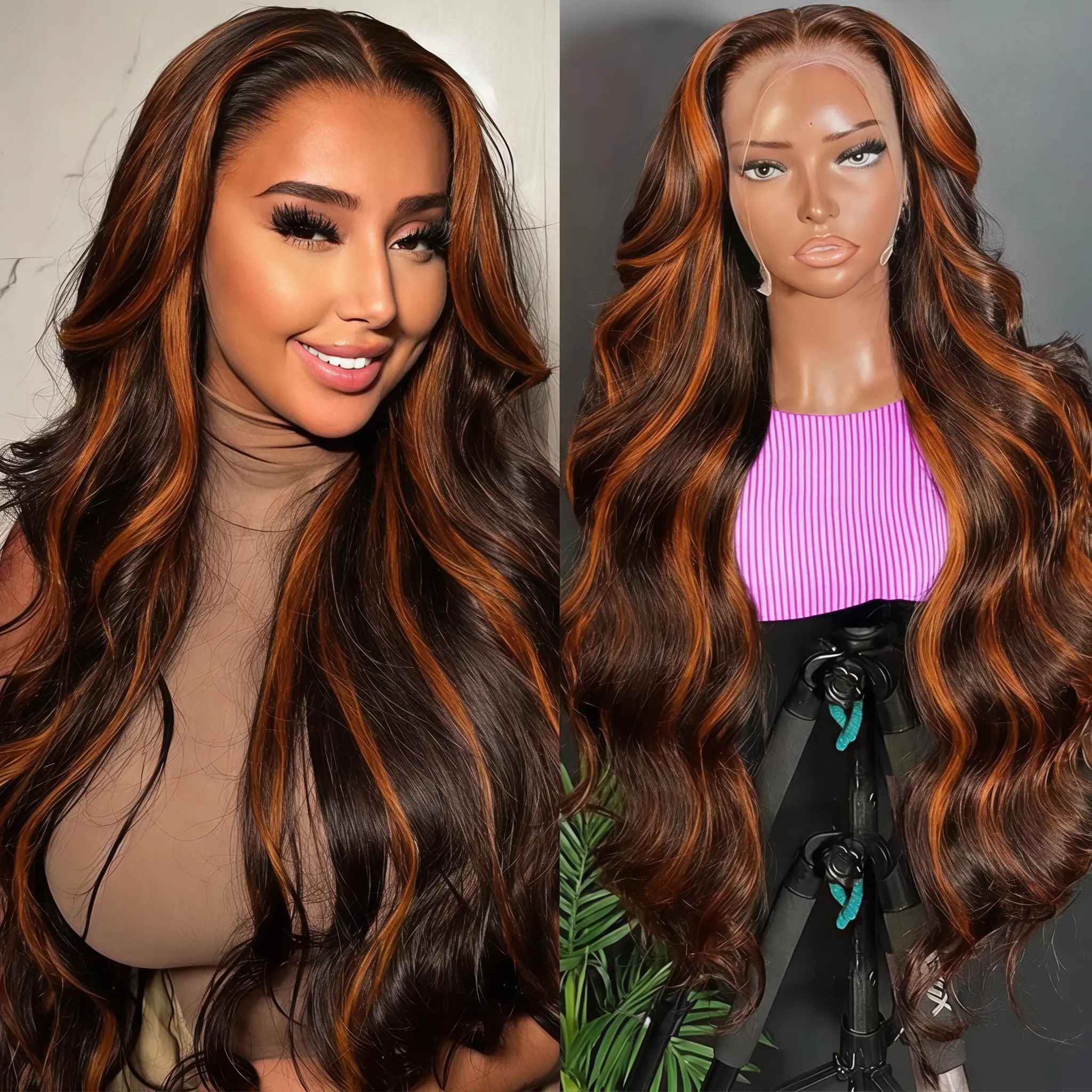 Ginger Orange and Brown Colored Wig Human Hair 180% Density 13x6 Body Wave Lace Front Wigs Human Hair 12A Glueless Wig Pre Plucked Bleach Knots p4/350 Colored HD Transparent Lace Frontal Wigs for Women