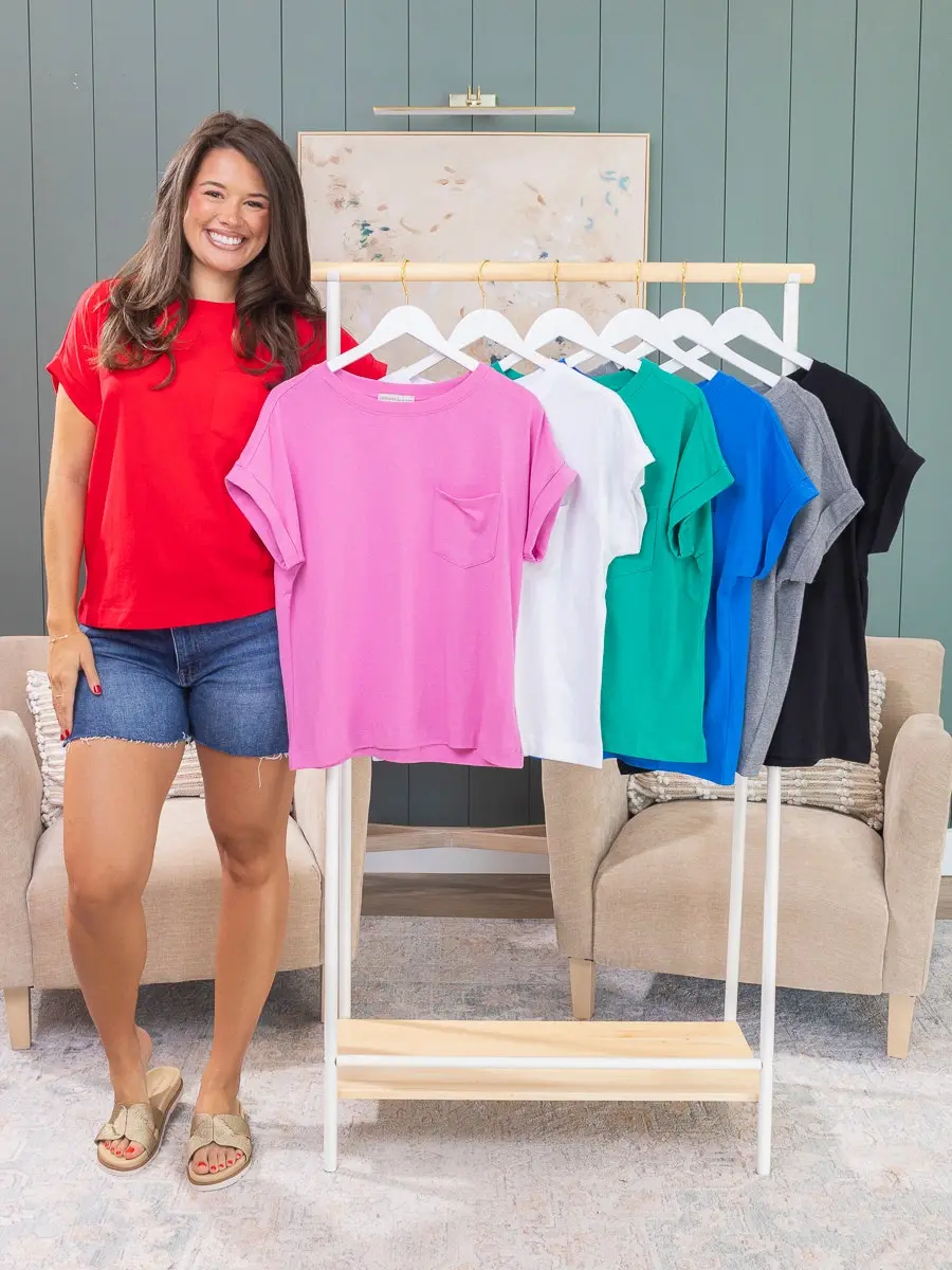 Zenana Cuffed Front Pocket Short Sleeve Top | S-3XL