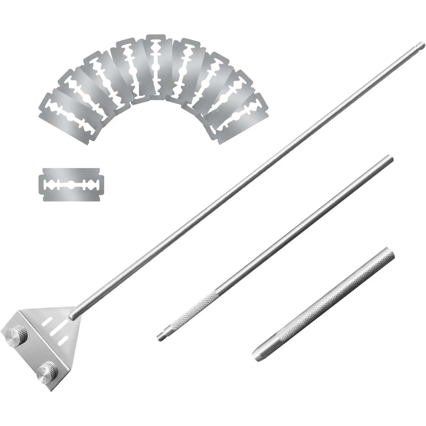 Stainless Steel Aquarium Algae Scraper & Substrate Spatula - Adjustable Length 25.6in Handle, Hollow Head, Right-Angle Double Blade, 10 Blades, Tool-Less Installation, Aquarium Cleaning Tool for Saltwater Tanks, Clean & Easy to Use