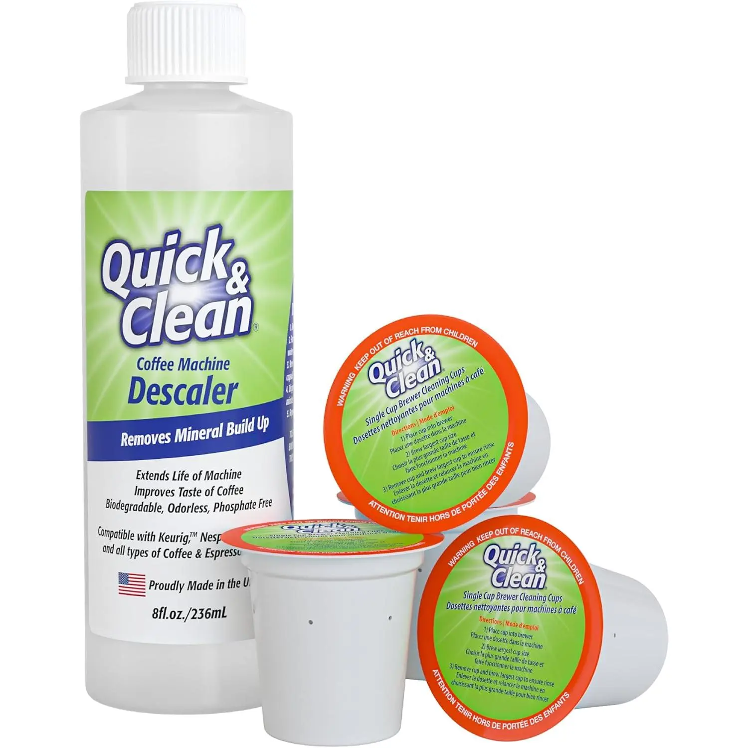 4-Pack of Cleaning Cups with Descaler Bundle (2 Total Uses) - 2.0 Compatible, Descaling Solution for Keurig, Nespresso, Ninja, Delonghi, All Coffee and Espresso Machines